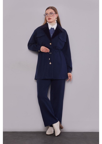 Lacivert Kruvaze Kürk Yakalı Ikili Takım