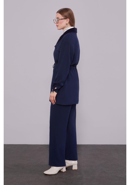 Lacivert Kruvaze Kürk Yakalı Ikili Takım modelleri