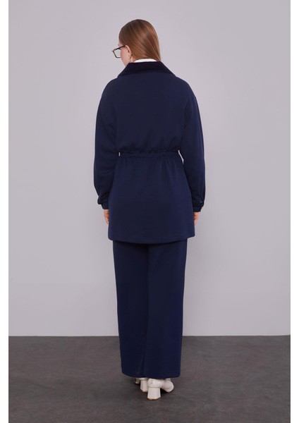 Lacivert Kruvaze Kürk Yakalı Ikili Takım