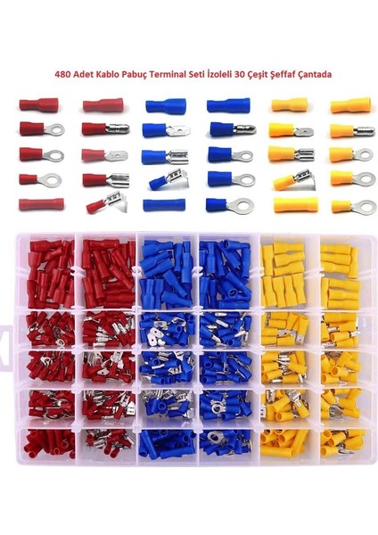 480 Adet Kablo Pabuç Terminal Seti Izoleli 30 Çeşit Şeffaf Çantada