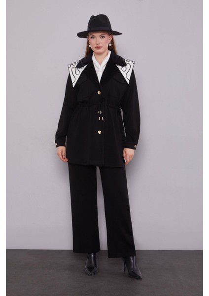 Siyah Kruvaze Kürk Yakalı Ikili Takım