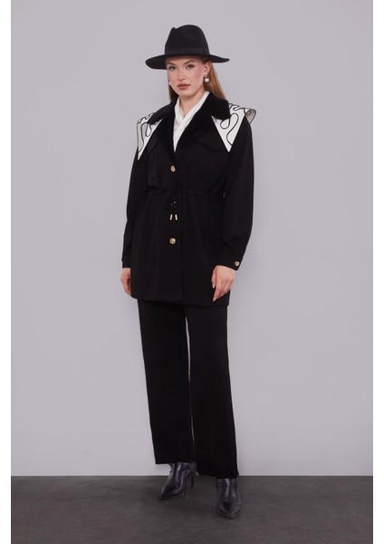 Siyah Kruvaze Kürk Yakalı Ikili Takım fiyatları