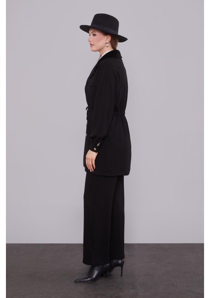 Siyah Kruvaze Kürk Yakalı Ikili Takım modelleri