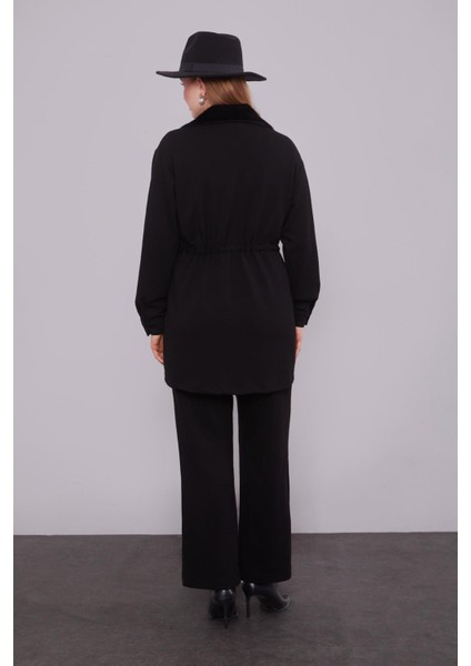 Siyah Kruvaze Kürk Yakalı Ikili Takım