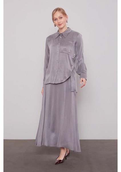 Antrasit Çapraz Düğme Detay Cupra Etek Takım