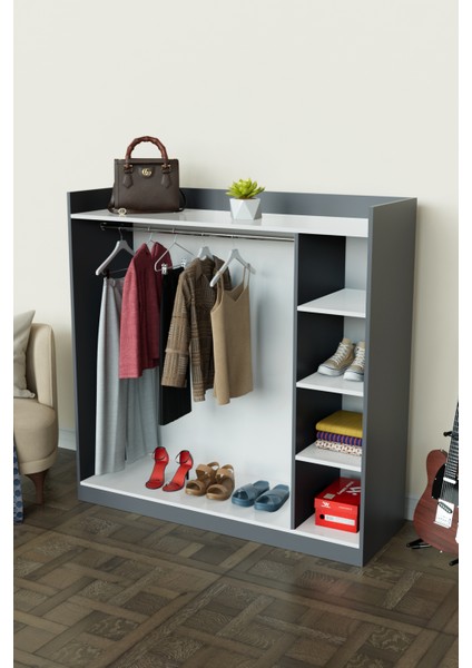 4 Rafli Mini Gardırop Askılıklı Vestiyer Çok Amaçlı Kapaksız Elbise Dolabı