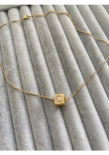 Çelik Kolye “c” Küp 1x1 Cm. Harf Kolye Gold-Özel Kutusunda modelleri