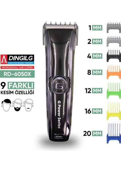 RD-6050X Gri Siyah Şarjlı Ayarlanabilir Bıçaklı Saç Sakal Tıraş Makinesi Erkek Kişisel Bakım