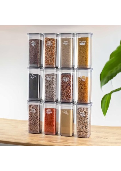 432-GR 12 Li Etiketli Kare Un Erzak Bakliyat Saklama Kabı Takımı 1.90 Lt - Gri