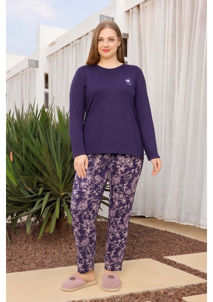 Büyük Beden Viskon Kadın Yazılı Uzun Kol Pijama Takımı 250499 MOR01