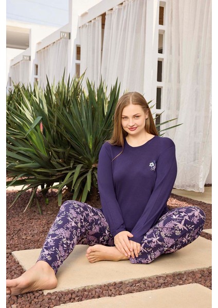 Büyük Beden Viskon Kadın Yazılı Uzun Kol Pijama Takımı 250499 MOR01 fiyatları
