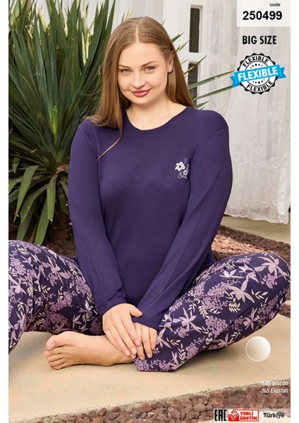 Büyük Beden Viskon Kadın Yazılı Uzun Kol Pijama Takımı 250499 MOR01 modelleri