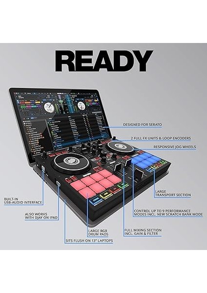 Ready | Serato Dj Lite (Dahil) ve Dj Pro Için Tasarlanmış Kompakt 2-Kanal Dj Controller/kontrolör | Ios ve Ipados'ta Algoriddim Djay Pro Aı Uygulamalarıyla Tak ve Çalıştır. (Mac/pc/ios) indirimleri