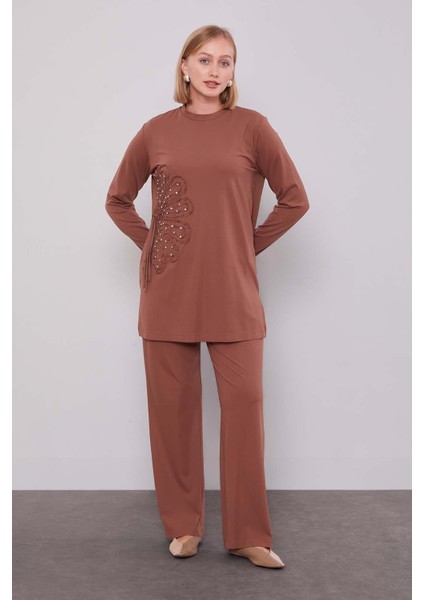 Kahve Kenar Desen Detaylı Taşlı Ikili Takım