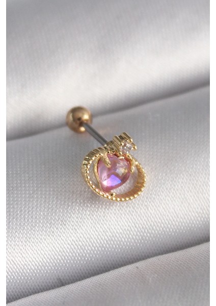 Bfs 316L Çelik Gold Renk Pembe Mineli Kalp Zirkon Taş Detay Tragus Piercing
