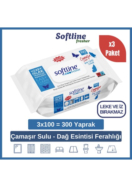 Softline Easy Clean Dağ Esintisi Ferahlığı Çamaşır Sulu Islak Mendil Yüzey Temizlik Havlusu & Mendili 3'lü Paket (3X100 Yaprak)