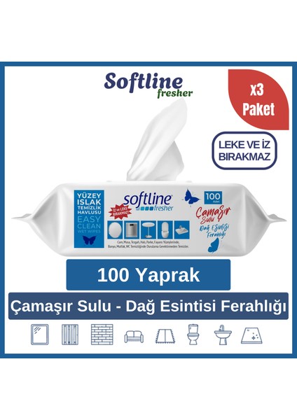 Softline Easy Clean Dağ Esintisi Ferahlığı Çamaşır Sulu Islak Mendil Yüzey Temizlik Havlusu & Mendili 3'lü Paket (3X100 Yaprak) fiyatları