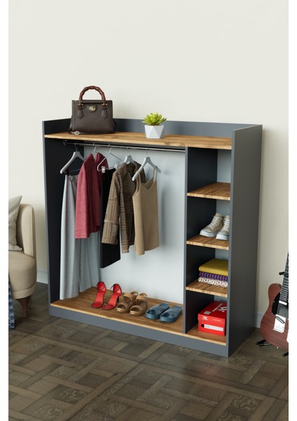 4 Rafli Mini Gardırop Askılıklı Vestiyer Çok Amaçlı Kapaksız Elbise Dolabı