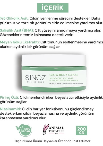 Nemlendirici, Arındırıcı ve Aydınlatıcı Glow Vücut Peelingi %5 Glikolik Asit 200 gr modelleri