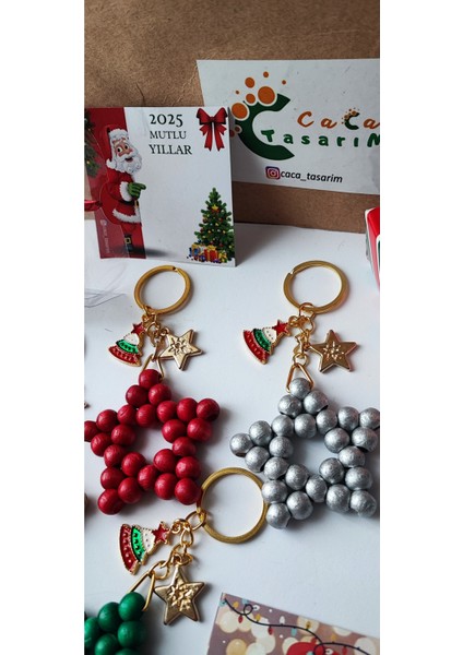 Yılbaşı Temalı Ahşap Boncuk Yıldız Anahtarlık Seti, Kartlı ve Kutulu Hediyelik