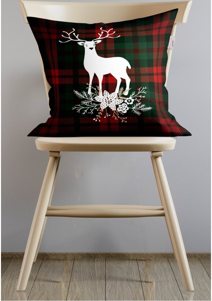 Kırmızı Ekose ve Geyik Desenli Kırlent Kılıfı, Noel Temalı Dekorasyon