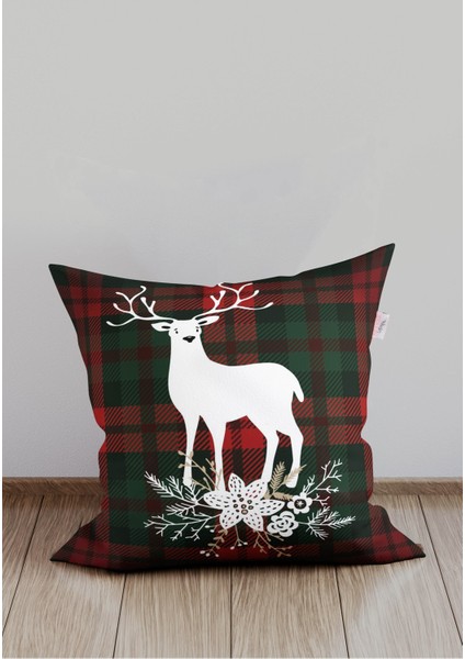 Kırmızı Ekose ve Geyik Desenli Kırlent Kılıfı, Noel Temalı Dekorasyon modelleri