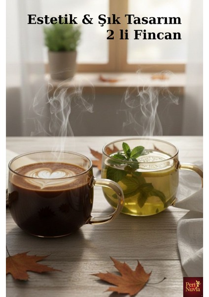 Ikili Estetik Borosilikat Cam Bitki Çayı & Kahve Fincanı Seti