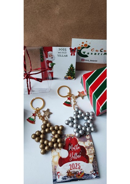 Yılbaşı Temalı Ahşap Boncuk Yıldız Anahtarlık Seti 2'li Kutulu Hediyelik