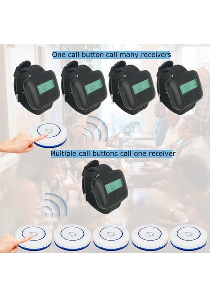 Kablosuz Restoran Çağırma Sistemi 5table Arama Düğmesi Vericileri 1WATCH Çağırıcı Restoran Garson Hizmet Çan Buzzer A (Yurt Dışından) modelleri