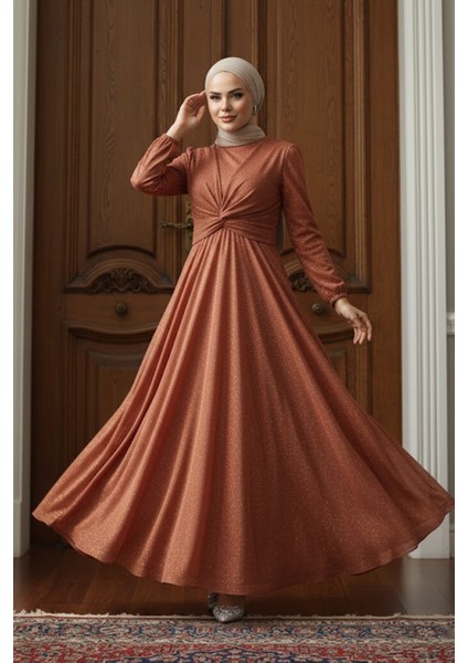 Simli Kiremit Tesettür Abiye Elbise 5397KRMT