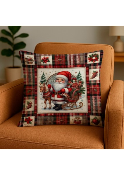 Ekose Desenli Noel Baba Kırlent Kılıfı, 43X43 Cm, Dijital Baskı