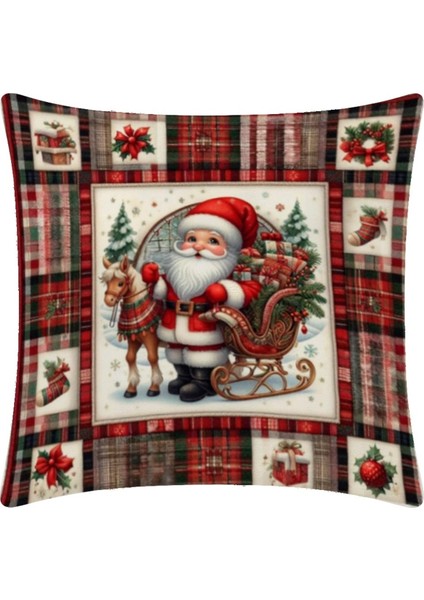 Ekose Desenli Noel Baba Kırlent Kılıfı, 43X43 Cm, Dijital Baskı modelleri