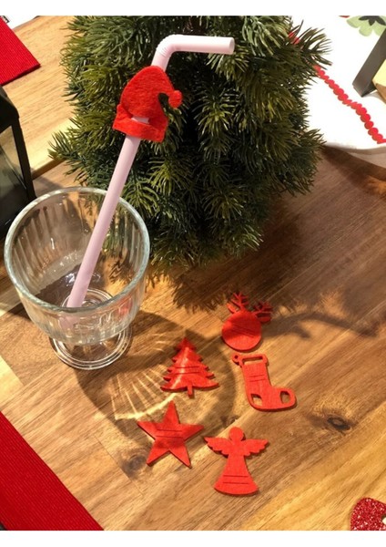 Yılbaşı Noel Temalı Keçe Pipet Süsleri, 10 Adet Karışık Renkli ve Şık Tasarımlar