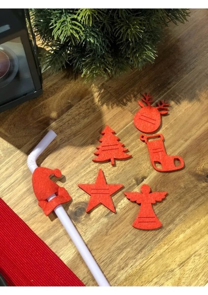 Yılbaşı Noel Temalı Keçe Pipet Süsleri, 10 Adet Karışık Renkli ve Şık Tasarımlar