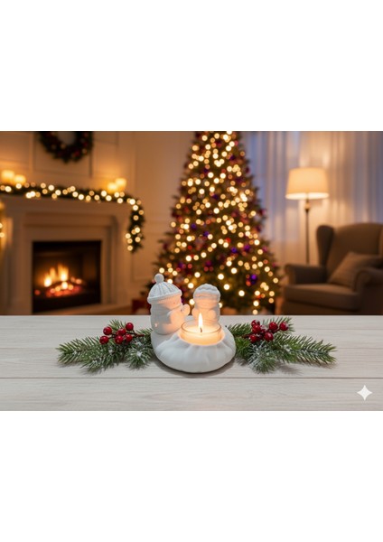 Beyaz Kış Temalı El Yapımı Taş Tozu Dekoratif Mumluk