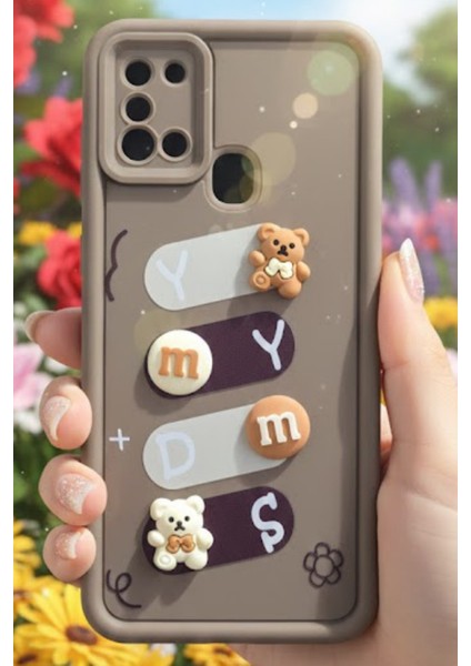 Samsung Galaxy A21S Uyumlu Kılıf Kahverengi Renk Ayıcık Figürlü 3D Kamera Korumalı Darbe Emici Yumuşak Silikon Kapak
