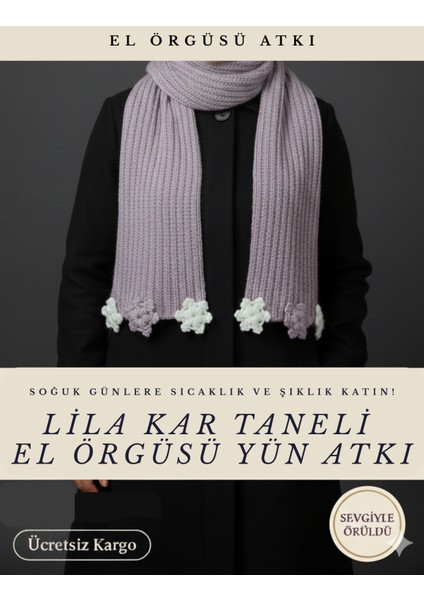 Kar Taneli El Örgüsü Yün Atkı