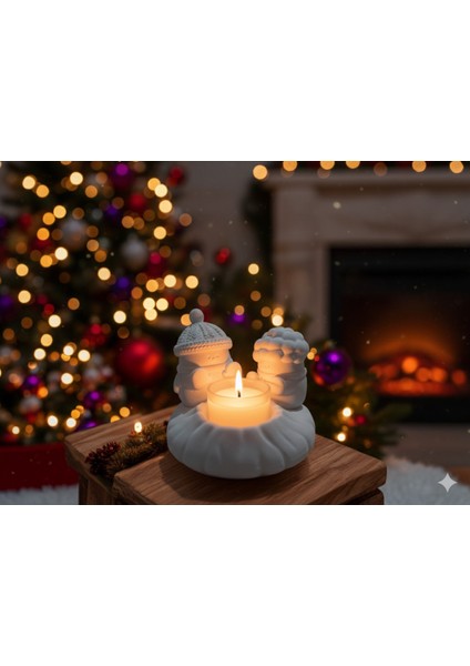 Beyaz Kış Temalı El Yapımı Taş Tozu Dekoratif Mumluk