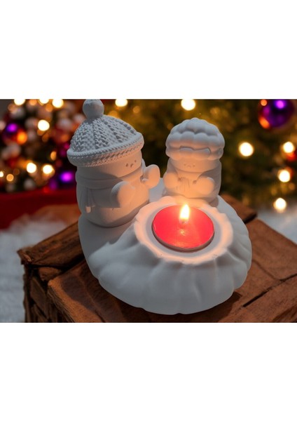 Beyaz Kış Temalı El Yapımı Taş Tozu Dekoratif Mumluk