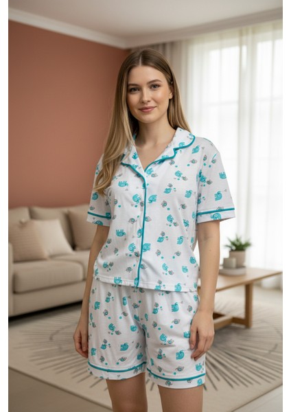 Pamuklu Baskılı Düğmeli Pijama Takımı