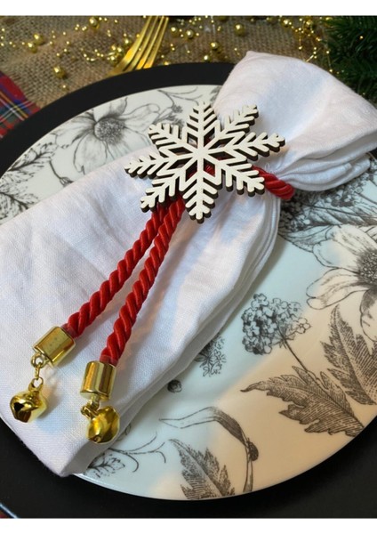 Yılbaşı Temalı 6'lı Peçete Halkası, Kar Taneli ve Ucu Çanlı Dekorasyon Seti