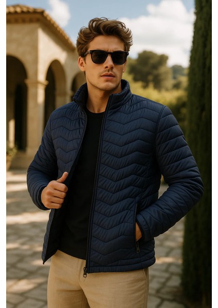 Erkek Fermuarlı Lacivert Şişme Mont