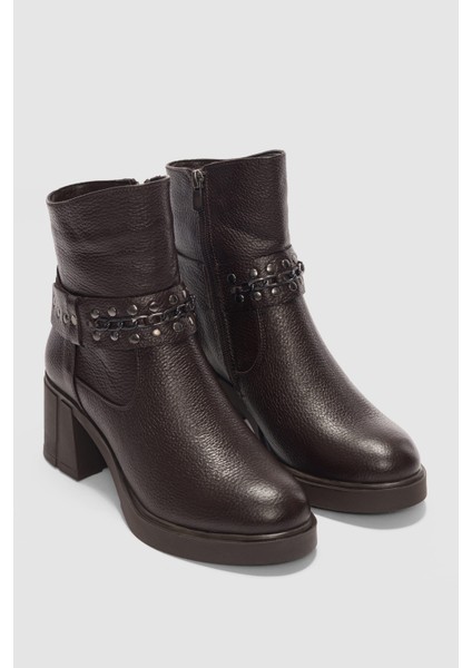 Lorixa Hakiki Deri Aksesuar Detaylı Yandan Fermuarlı Kadın Bot- Kahverengi fiyatları