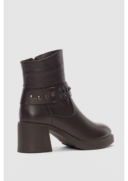 Lorixa Hakiki Deri Aksesuar Detaylı Yandan Fermuarlı Kadın Bot- Kahverengi modelleri