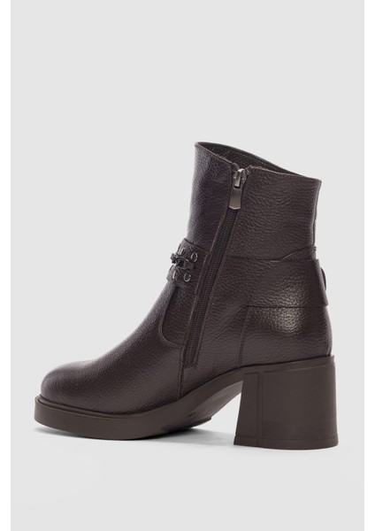 Lorixa Hakiki Deri Aksesuar Detaylı Yandan Fermuarlı Kadın Bot- Kahverengi fırsatları