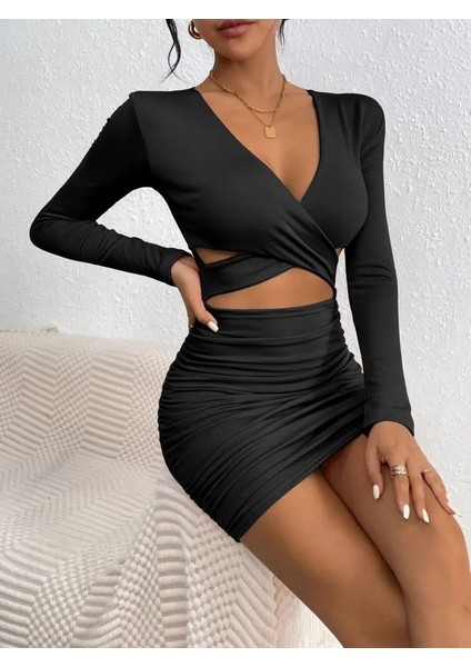 Kadın Uzun Kollu Çapraz Dekolte Detaylı Mini Sandy Elbise modelleri