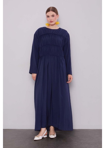 Lacivert Büzgü Detaylı Elbise