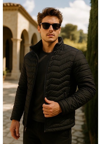 Erkek Fermuarlı Siyah Şişme Mont