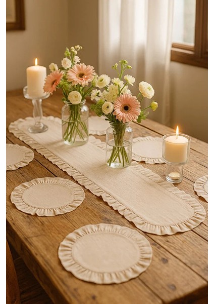 Fırfırlı Runner ve Supla Takımı - Masa Örtüsü Takımı 7 Parça 150X50