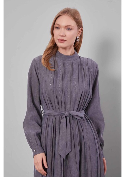 Gri Bel Bağlamalı Pile Detaylı Cupra Elbise fiyatları